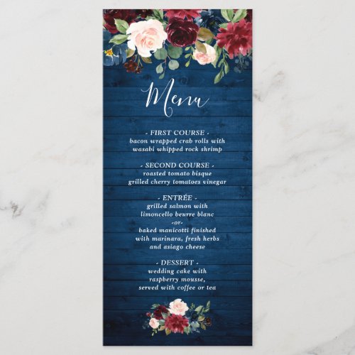 Burgundy Navy Blue Blush Floral Wedding Menu