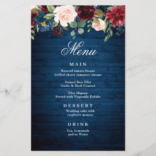 Burgundy Navy Blue Blush Floral Wedding Menu