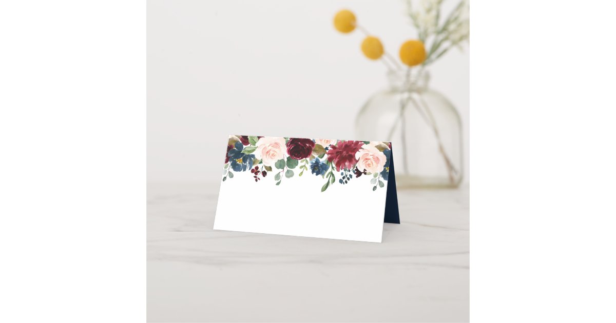 Burgundy Navy Blue Blush Floral Wedding Place Card | Zazzle