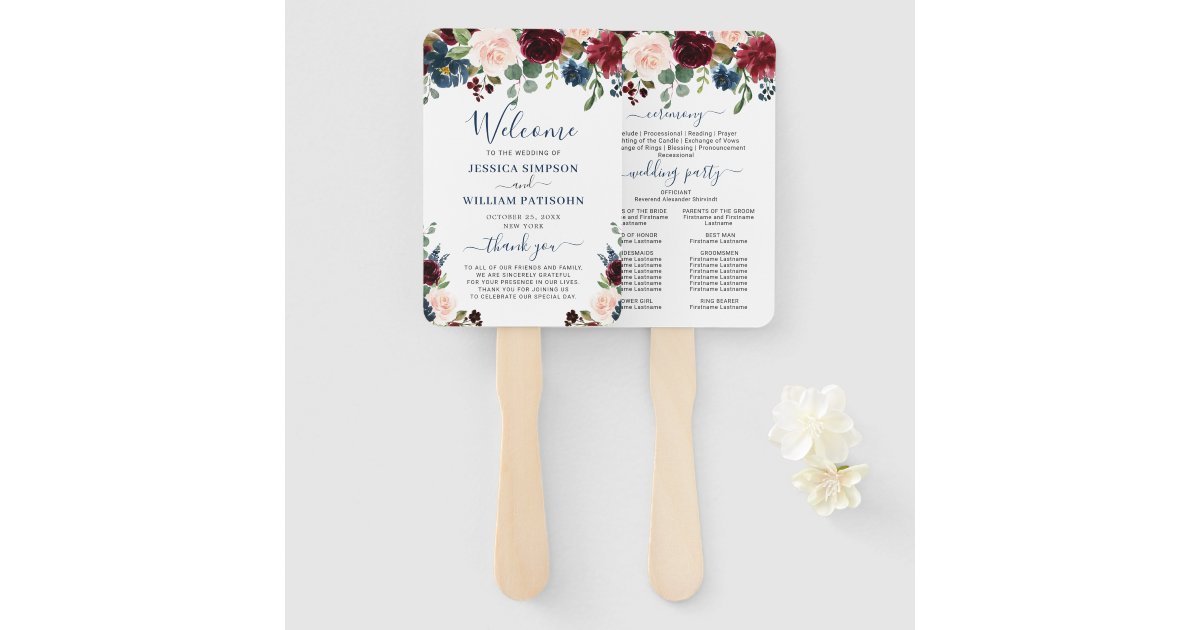 Burgundy Navy Blue Blush Floral Wedding Program Hand Fan | Zazzle