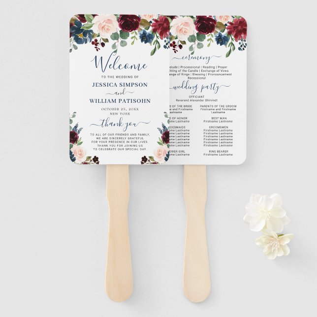 Burgundy Navy Blue Blush Floral Wedding Program Hand Fan (Front and Back)