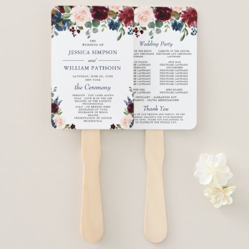 Burgundy Navy Blue Blush Floral Wedding Program Hand Fan