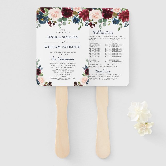 Burgundy Navy Blue Blush Floral Wedding Program Hand Fan (Front and Back)