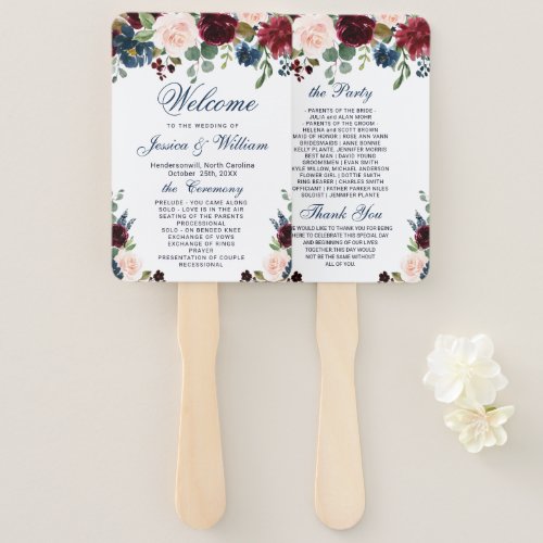 Burgundy Navy Blue Blush Floral Wedding Program Hand Fan