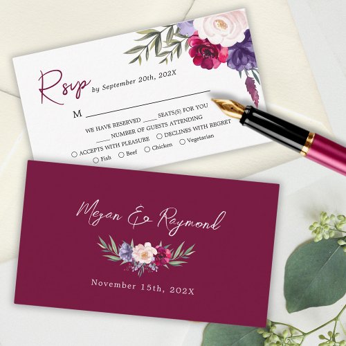 Burgundy Navy Blue Blush Floral Wedding RSVP Card