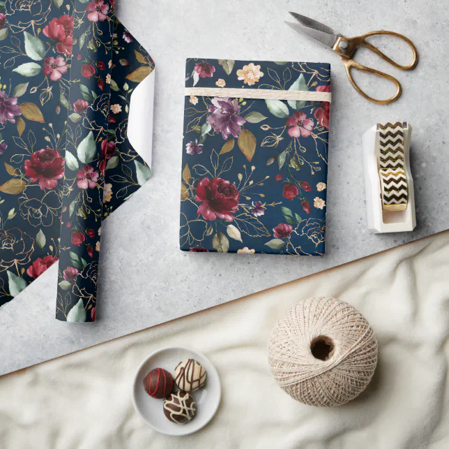 Burgundy Navy Blue Blush Floral wedding Wrapping Paper | Zazzle