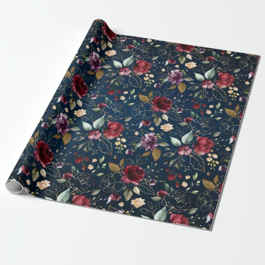 Burgundy Navy Blue Blush Floral wedding Wrapping Paper | Zazzle.com