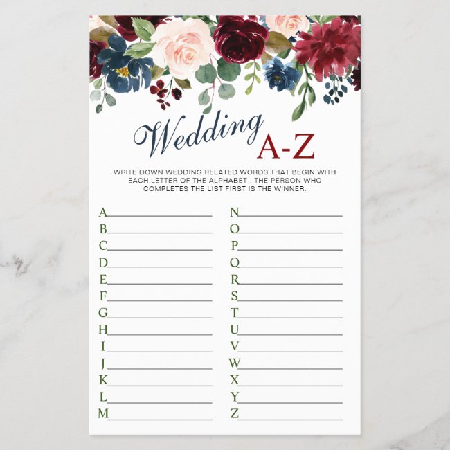 Burgundy Navy Blue Blush Flower Bridal Shower Game