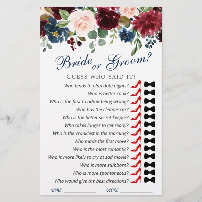 Burgundy Navy Blue Blush Flower Bridal Shower Game (Front)