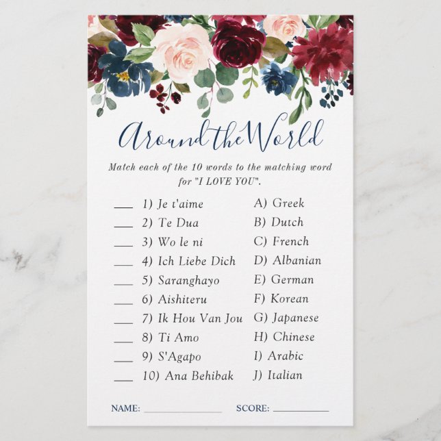 Burgundy Navy Blue Blush Flower Bridal Shower Game (Front)