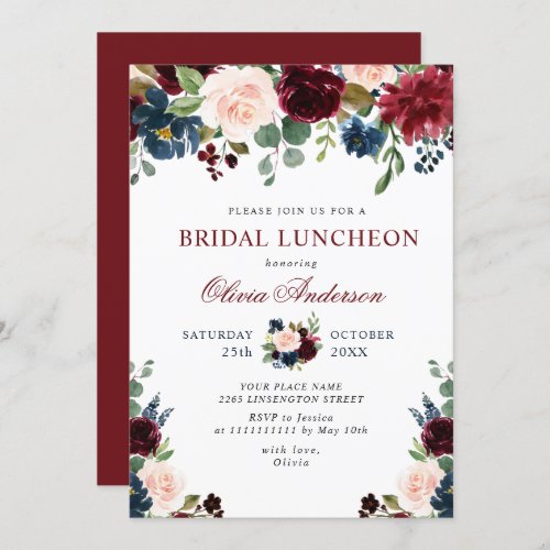 Burgundy Navy Blue Blush Flowers BRIDAL LUNCHEON Invitation