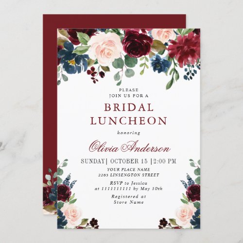 Burgundy Navy Blue Blush Flowers BRIDAL SHOWER Invitation