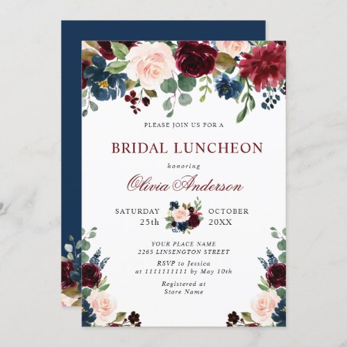 Burgundy Navy Blue Blush Flowers BRIDAL SHOWER Invitation