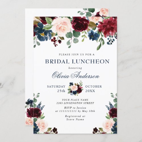 Burgundy Navy Blue Blush Flowers BRIDAL SHOWER Invitation