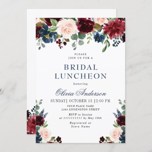 Burgundy Navy Blue Blush Flowers BRIDAL SHOWER Invitation