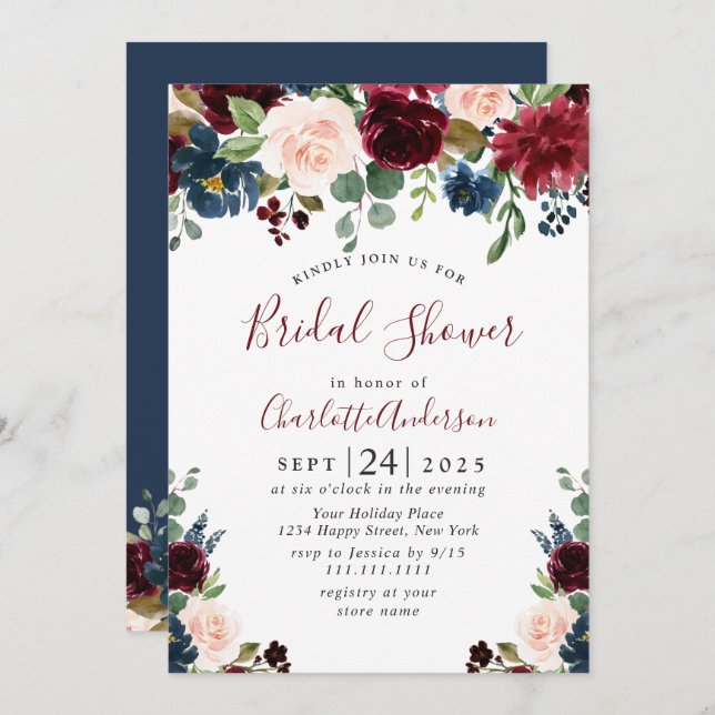 Burgundy Navy Blue Blush Flowers BRIDAL SHOWER Invitation (Front/Back)