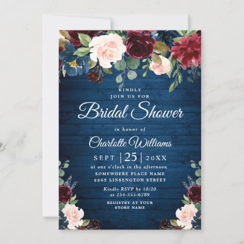 Burgundy Navy Blue Blush Flowers BRIDAL SHOWER Invitation