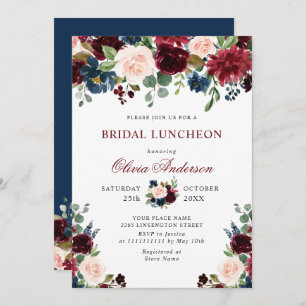 Burgundy Navy Blue Blush Flowers BRIDAL SHOWER Invitation