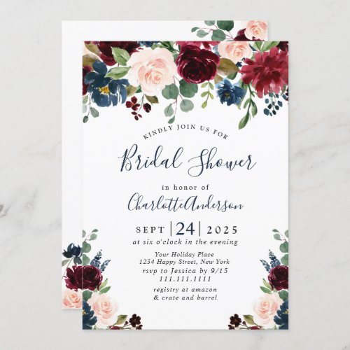 Burgundy Navy Blue Blush Flowers BRIDAL SHOWER Invitation