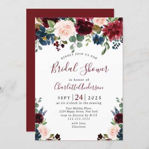 Burgundy Navy Blue Blush Flowers BRIDAL SHOWER Invitation