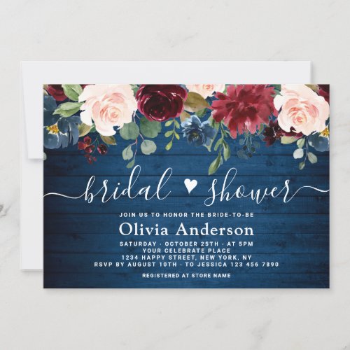 Burgundy Navy Blue Blush Flowers BRIDAL SHOWER Invitation