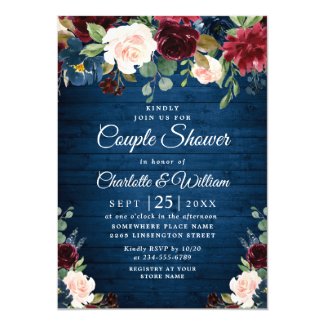 Burgundy Navy Blue Blush Flowers COUPLE SHOWER Invitation