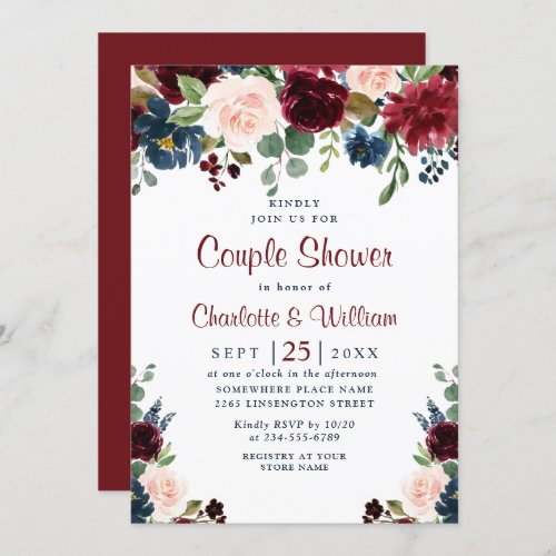 Burgundy Navy Blue Blush Flowers COUPLE SHOWER Invitation