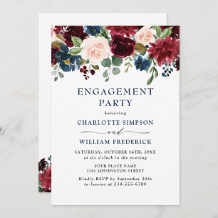 Burgundy Navy Blue Blush Flowers ENGAGEMENT PARTY Invitation