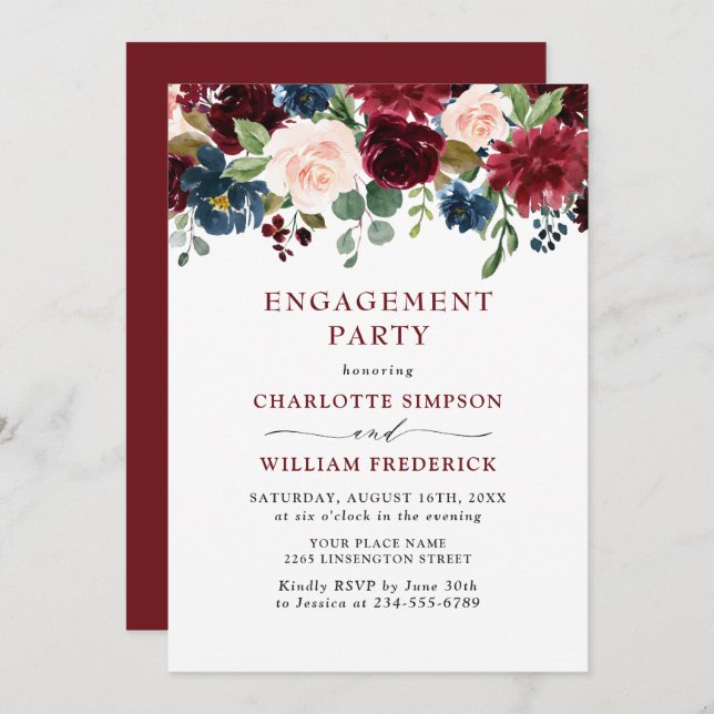 Burgundy Navy Blue Blush Flowers ENGAGEMENT PARTY Invitation (Front/Back)