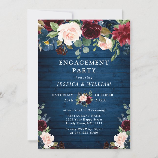 Burgundy Navy Blue Blush Flowers ENGAGEMENT PARTY Invitation (Front)