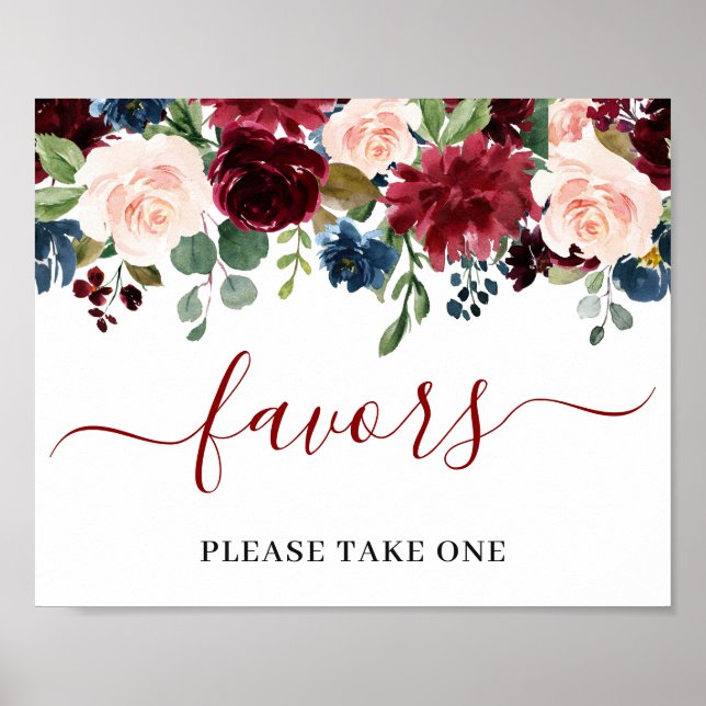 Burgundy Navy Blue Blush Flowers Favors Wedding Po Poster (Front)