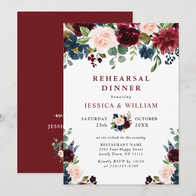 Burgundy Navy Blue Blush Flowers REHEARSAL  DINNER Invitation (Front/Back)