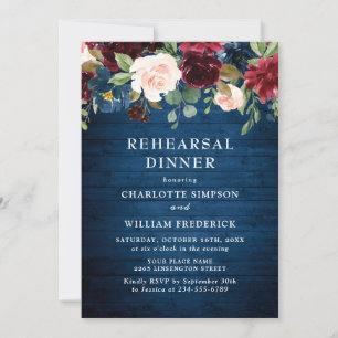 Burgundy Navy Blue Blush Flowers REHEARSAL DINNER Invitation