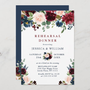 Burgundy Navy Blue Blush Flowers REHEARSAL DINNER Invitation