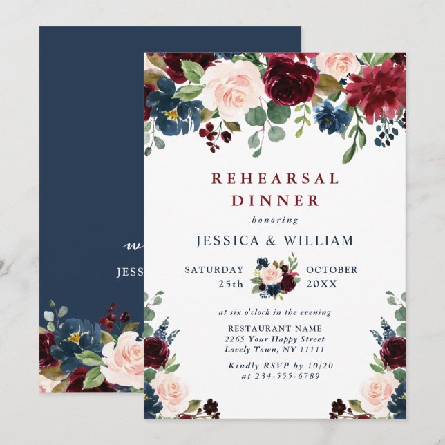 Burgundy Navy Blue Blush Flowers REHEARSAL  DINNER Invitation (Front/Back)