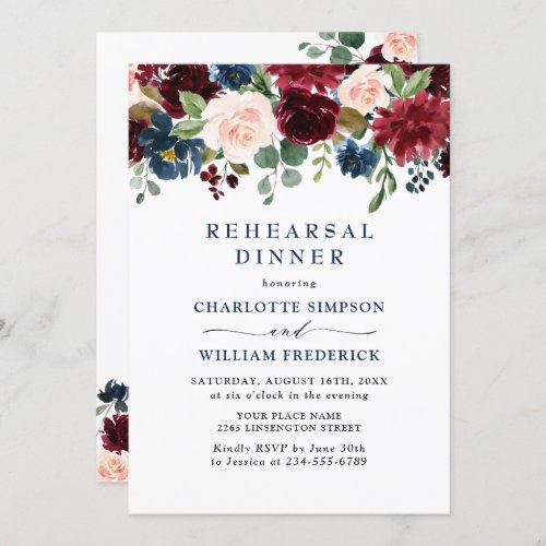 Burgundy Navy Blue Blush Flowers REHEARSAL  DINNER Invitation