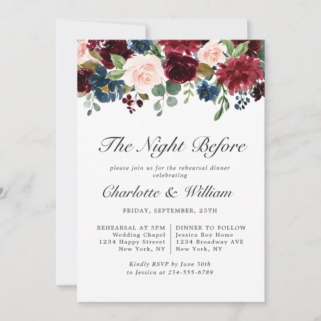Burgundy Navy Blue Blush Flowers REHEARSAL  DINNER Invitation (Front)