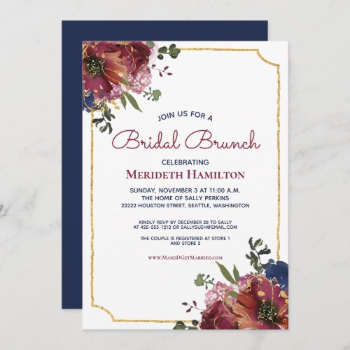 Burgundy Navy Blue Blush Gold Floral Bridal Shower Invitation