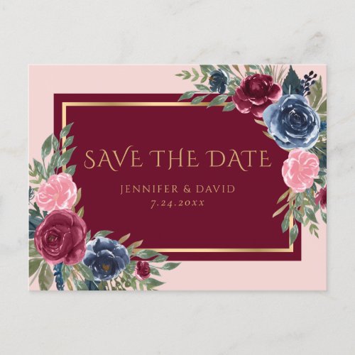 Burgundy Navy Blue Blush Gold Floral Save The Date Announcement Postcard