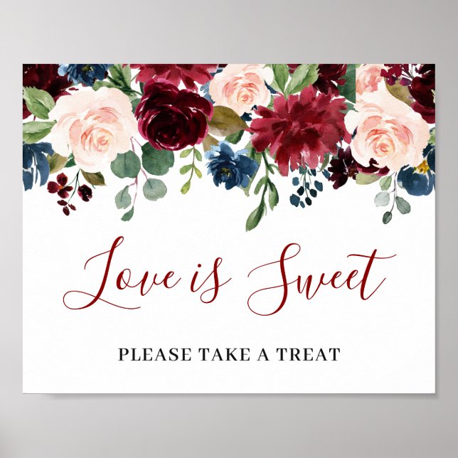 Burgundy Navy Blue Blush Love is Sweet Wedding Pos Poster (Front)