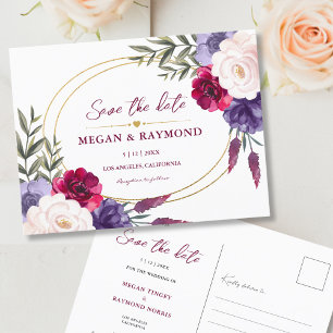 Burgundy Navy Blue & Blush Peony Geo Save the Date Postcard