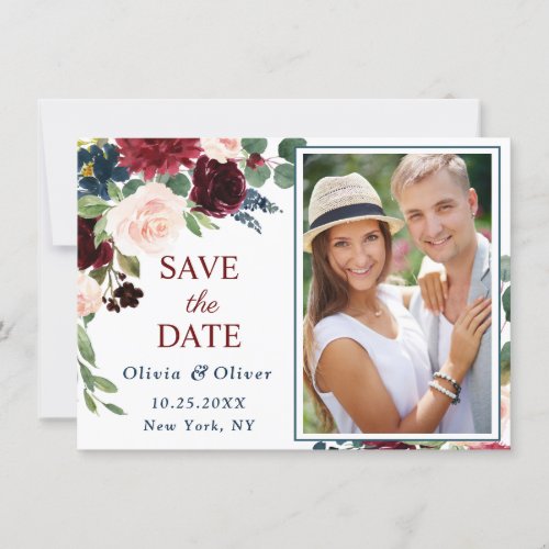 Burgundy Navy Blue Blush PHOTO Floral Wedding Save The Date