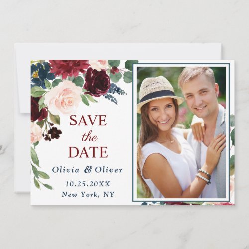 Burgundy Navy Blue Blush PHOTO Floral Wedding Save The Date