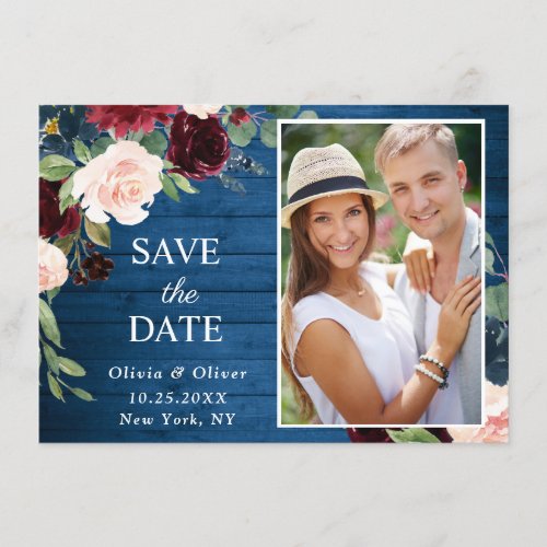 Burgundy Navy Blue Blush PHOTO Floral Wedding Save The Date