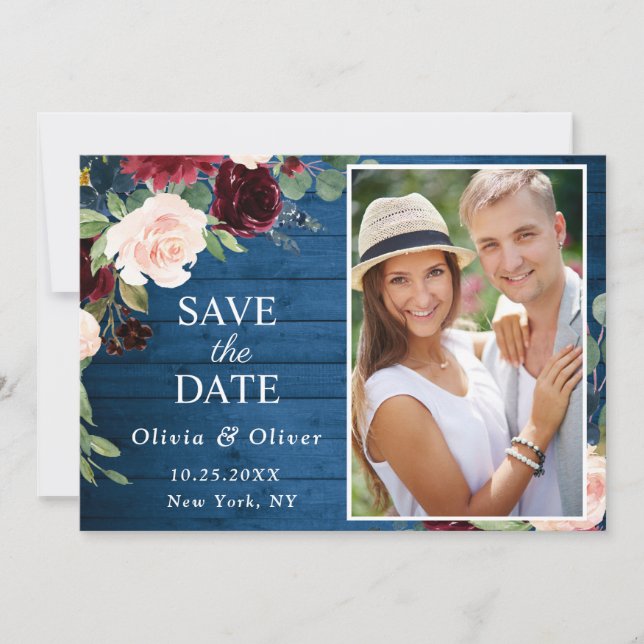 Burgundy Navy Blue Blush PHOTO Floral Wedding Save The Date (Front)