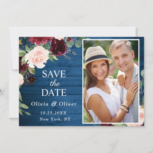 Burgundy Navy Blue Blush PHOTO Floral Wedding Save The Date