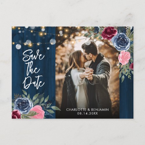 Burgundy Navy Blue Blush Photo Save The Date Postcard