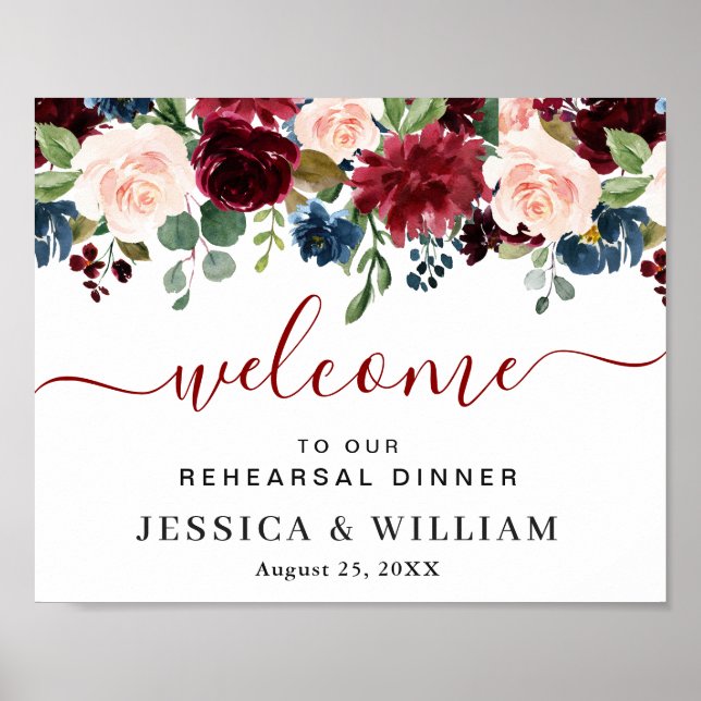 Burgundy Navy Blue Blush REHEARSAL DINNER Welcome  Poster (Front)