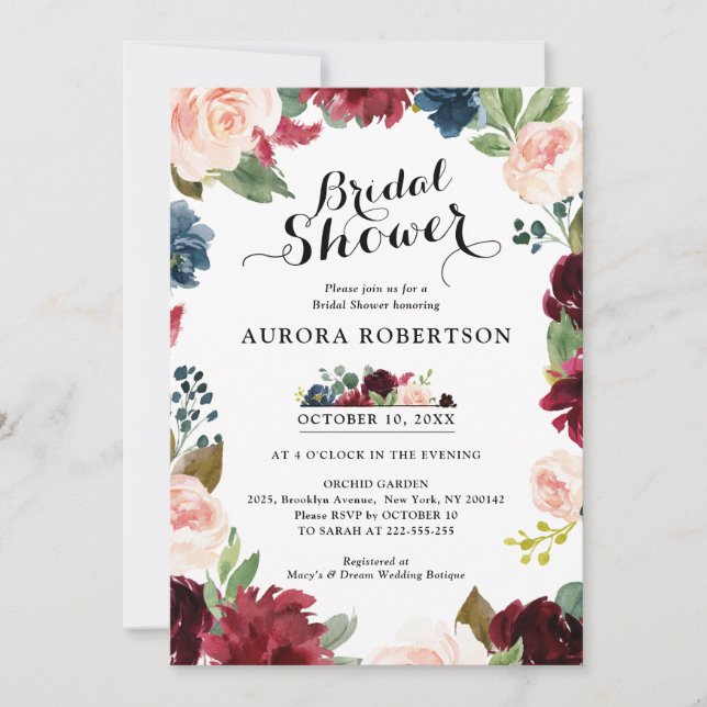 Burgundy Navy Blue Blush Rose Boho Bridal Shower Invitation (Front)