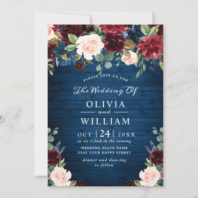 Burgundy Navy Blue Blush Rustic Floral Wedding Invitation (Front)